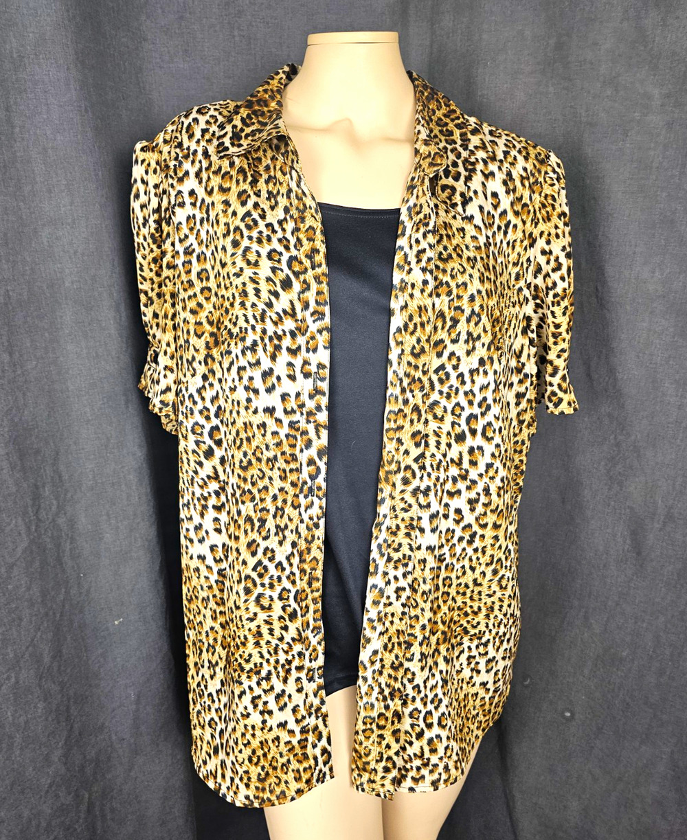 Leopard Print Button Up Shirt 2X Womens Cheetah Animal Short Sleeve Blouse Y2K